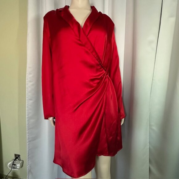 Zara NWT Red Satin Effect Wrap Dress Size XXL - Picture 1 of 8